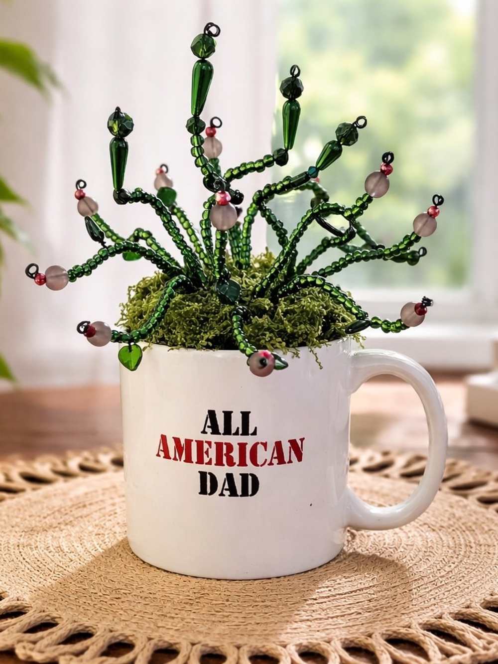 All American Dad White Ceramic Mug with Green Beaded Succulent